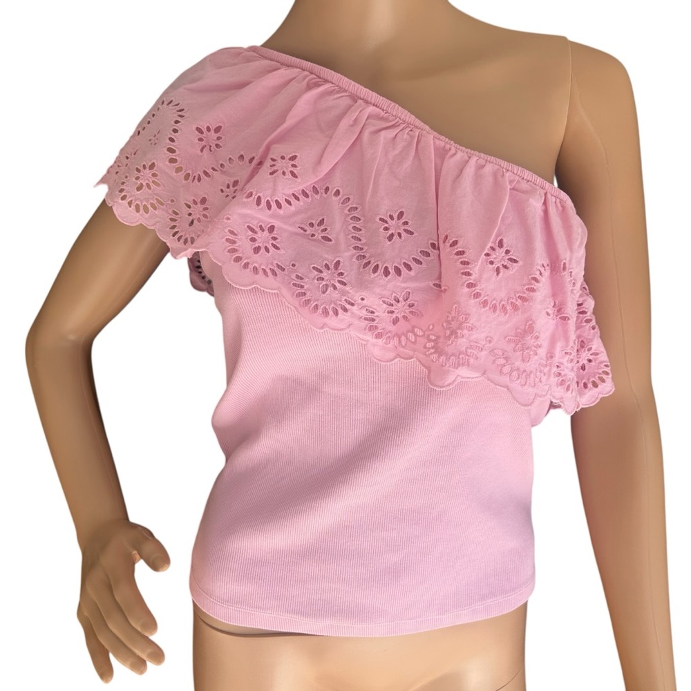 Old Navy Pink One Shoulder Eyelet Ruffle Top Women’s Large Off Shoulder